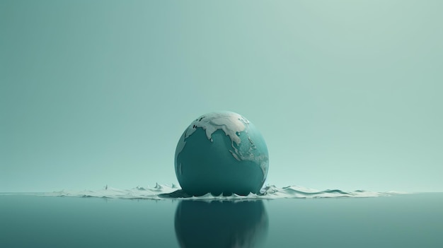 Un globe flotte sur un fond bleu avec des éclaboussures d'eau autour de lui.