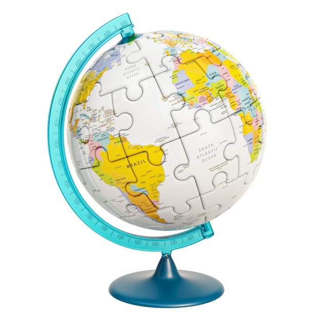 Globe géographique de la planète Terre à partir du rendu 3D d'un puzzle