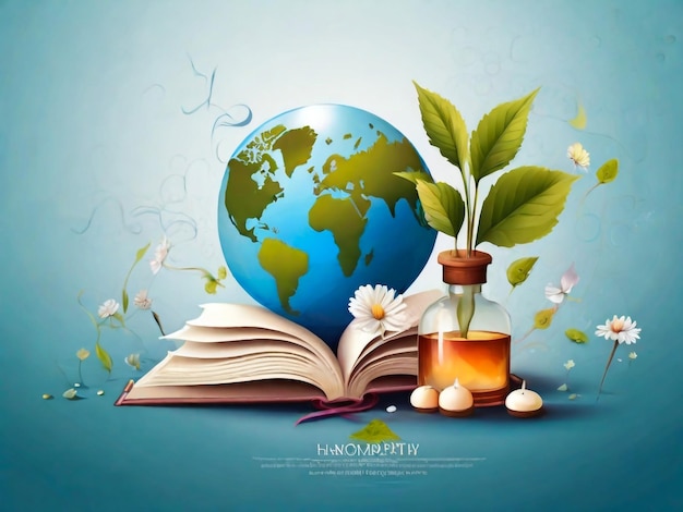 un globe avec un globe et un livre avec une plante qui en sort