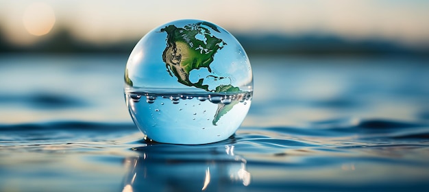 Le globe goutte à goutte de la Journée mondiale de l'eau descendant sur les mers azurées symbolisant la conservation de l'eau