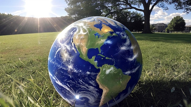 Un globe sur l'herbe avec le soleil qui brille dessus