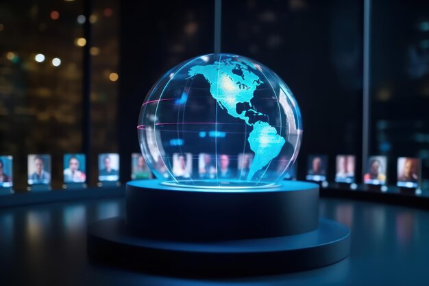 globe holographique avec des portraits de candidats pour les embaucher pour le concept d'équipe d'entreprise de choix dans la fouille