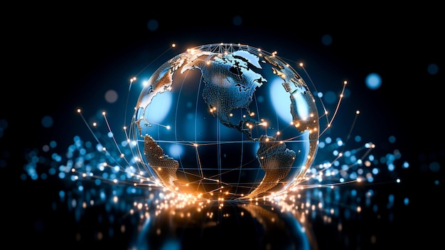 Globe avec des lignes de connexion Internet rapides à travers la planète générées par l'IA