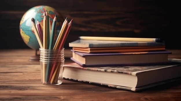 Photo globe livres et crayons sur fond de bois retour à l'école conceptgenerative ai