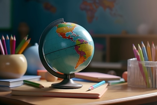 Globe livres crayons sur le fond du tableau noir