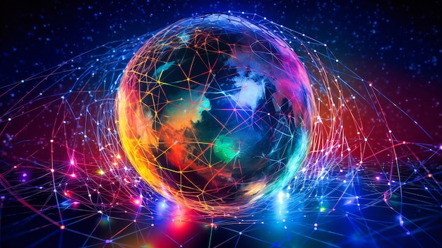 Globe lumineux avec nœuds interconnectés couleurs futuristes et traînées lumineuses