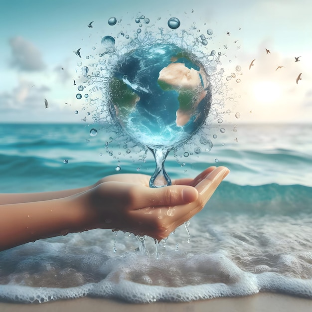 Globe à la main avec goutte d'eau et derrière la vue de la plage générée par l'IA.