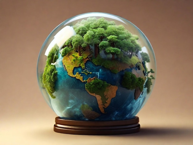 un globe avec le monde à l'intérieur et la terre à l'extérieur est fait de verre