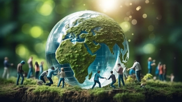 Un globe mondial entouré de figurines Concept d'entreprise mondial Modèle miniature autour d'un globe transparent Icône ESG pour l'environnement Social et gouvernance Concept d'environnement durable mondial