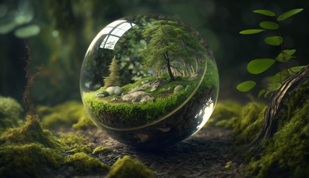 Globe sur la mousse dans la forêt Concept environnemental de la journée de la Terre AI générative