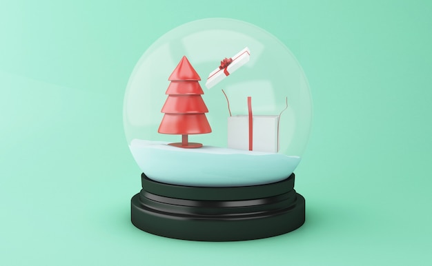 Globe de neige 3D avec arbre de Noël et boîte-cadeau.