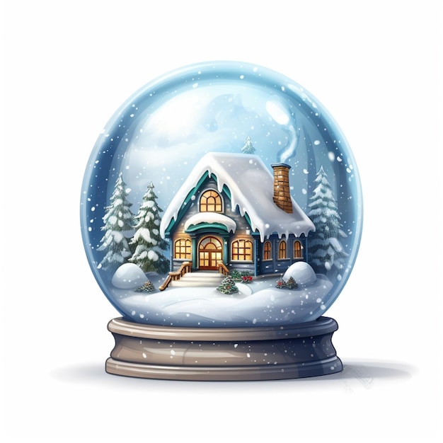 globe de neige arafé avec une maison à l'intérieur et des arbres en arrière-plan