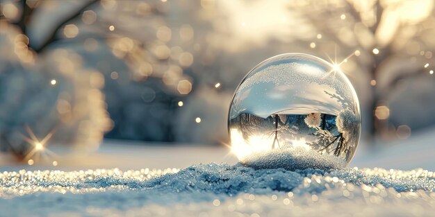 un globe de neige assis sur le sol couvert de neige