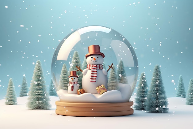 Globe de neige de Noël avec un bonhomme de neige à l'intérieur de la neige et des flocons de neige en arrière-plan