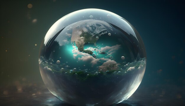 Un globe avec des nuages et la terre à l'intérieur