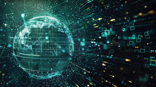 Globe numérique entouré de nuages de données abstraites représentant le cloud computing