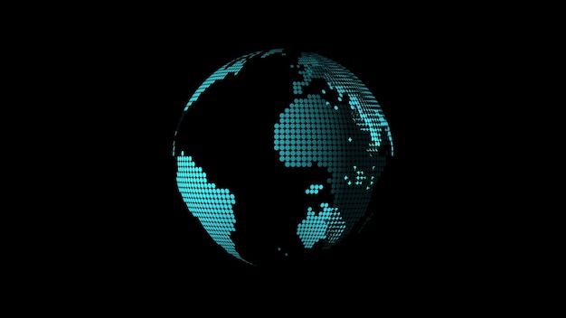 Globe numérique avec des lignes de grille au néon bleu sur fond noir