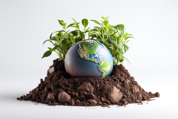 Photo globe avec des plantes vertes fraîches sur le sol de la terre concept écologique ai généré