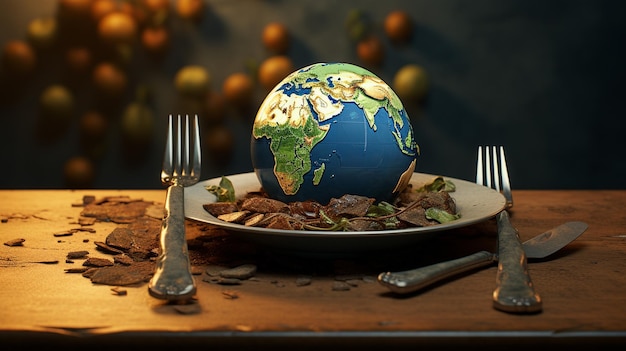 Photo un globe sur un plat avec une fourchette et un couteau illustration environnement population mondiale générer de l'ia