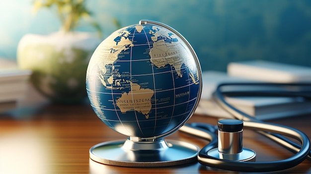 Globe et stéthoscope sur fond bleu concept de journée mondiale de la santé IA générative