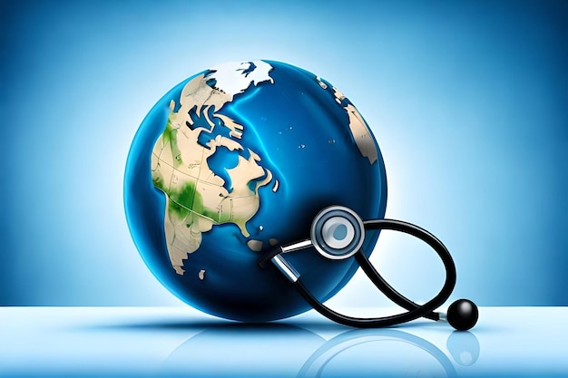 Globe et stéthoscope sur fond bleu concept de journée mondiale de la santé