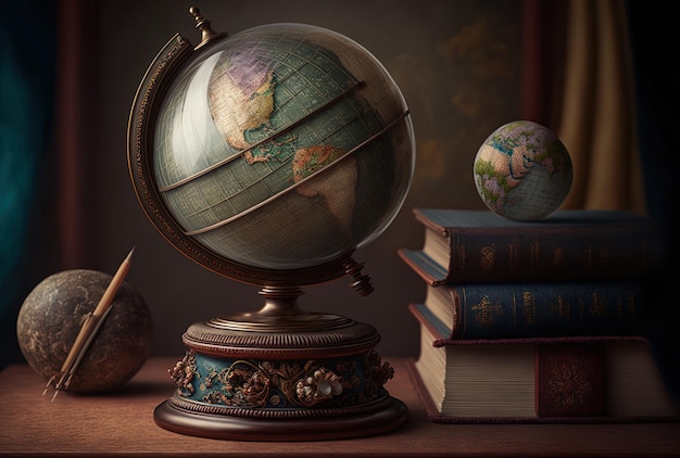 Globe en studio avec des livres et un boulier