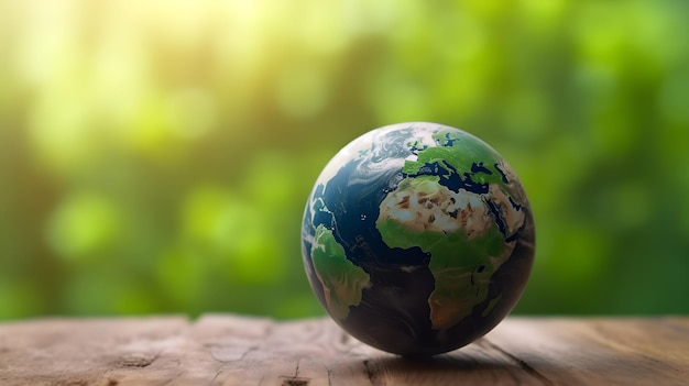 Un globe sur une surface en bois avec le soleil qui brille dessus