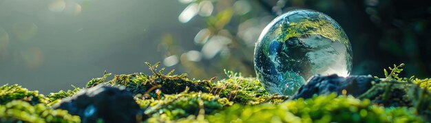 Photo le globe de terre de cristal sur la mousse