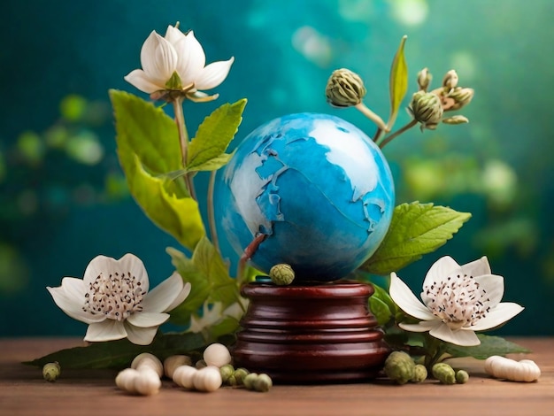 un globe avec la terre et des fleurs dessus