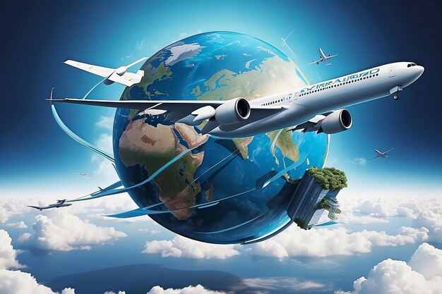 Photo globe terrestre avec un avion stylisé volant autour de lui concept pour les entreprises de voyage et de logistique