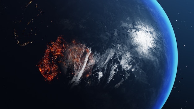 Photo globe terrestre avec carte de l'australie tout brûlé et en feu