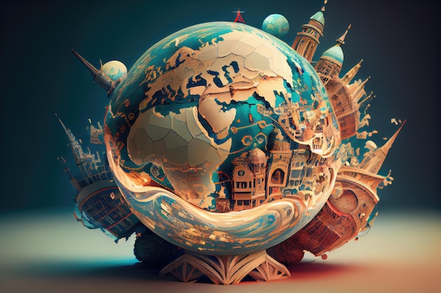 Globe terrestre conception carte du monde 3D illustration générative ai