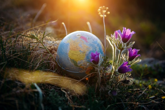 Globe terrestre dans l'herbe à côté de belles fleurs violettes