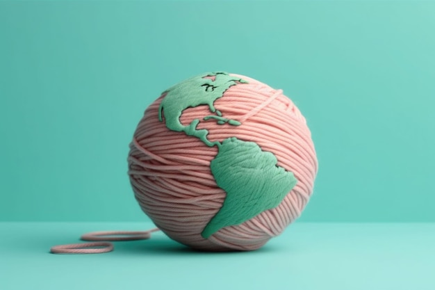 Globe terrestre doux fait d'une boule de fil sur un fond vert pastel Illustration générative de l'IA