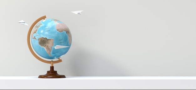 Globe terrestre sur une étagère avec des avions en papier - rendu 3D