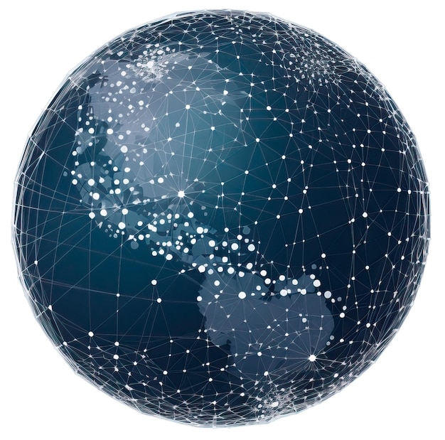 Globe terrestre avec grille de réseau et particules connectées isolées sur fond blanc générées par l'IA