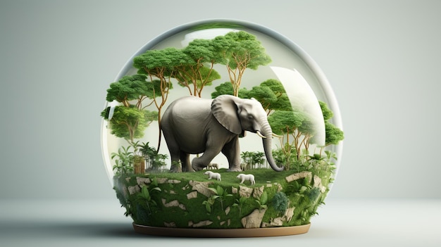 un globe terrestre et à l'intérieur du globe un éléphant et de l'herbe sous la patte d'éléphant