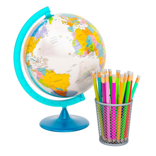Globe terrestre politique et crayons de couleur dans le support Retour au concept d'éducation scolaire rendu 3D