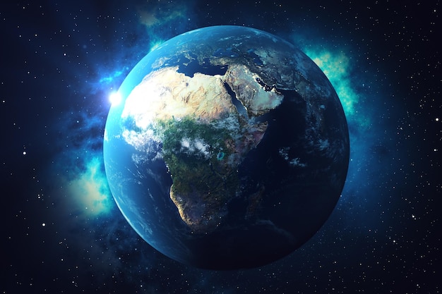 Globe terrestre de rendu 3D. Globe terrestre avec toile de fond étoiles et nébuleuse. Terre, galaxie et soleil depuis l'espace. Lever de soleil bleu. Éléments de cette image fournis par la NASA.
