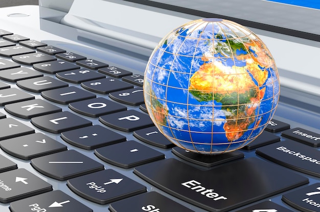 Globe terrestre sur le rendu 3D de l'ordinateur portable clavier