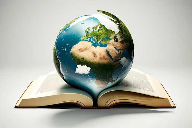 Globe terrestre reposant sur un livre ouvert sur fond blanc