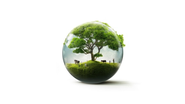 un globe de verre avec un arbre et une vache dedans