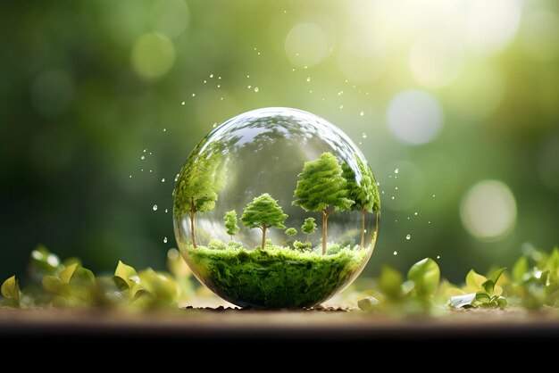 Un globe en verre avec des arbres à l'intérieur et un petit objet blanc en arrière-plan.