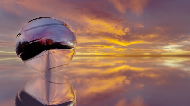 Globe en verre bleu et sa gaine à rayures avec mer et ciel crépusculaire colorés au coucher du soleil (Renderi 3D