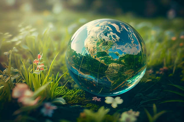 Globe en verre avec carte de la terre allongée sur l'herbe concept du jour de la terre ai générative