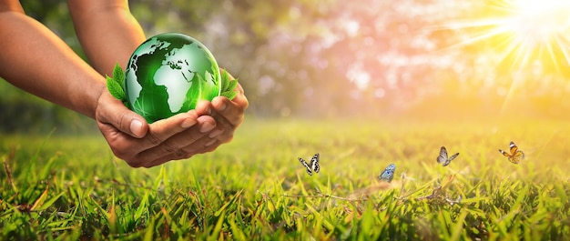 Photo globe en verre dans le concept d'environnement de la main