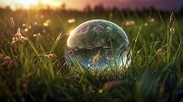 Globe en verre dans la forêt verte avec la lumière du soleil pour l'environnement sauver la journée mondiale de la terre