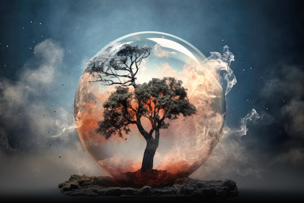 Globe de verre dans la fumée Environnement Social et gouvernance Monde concept d'environnement durable Pollution de la planète L'arbre vert est protégé