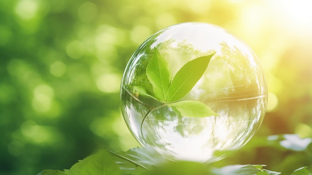 Globe de verre entouré d'un symbole de flore forestière verdoyante en 3D