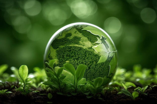 Un globe en verre est entouré de plantes et du mot vert.